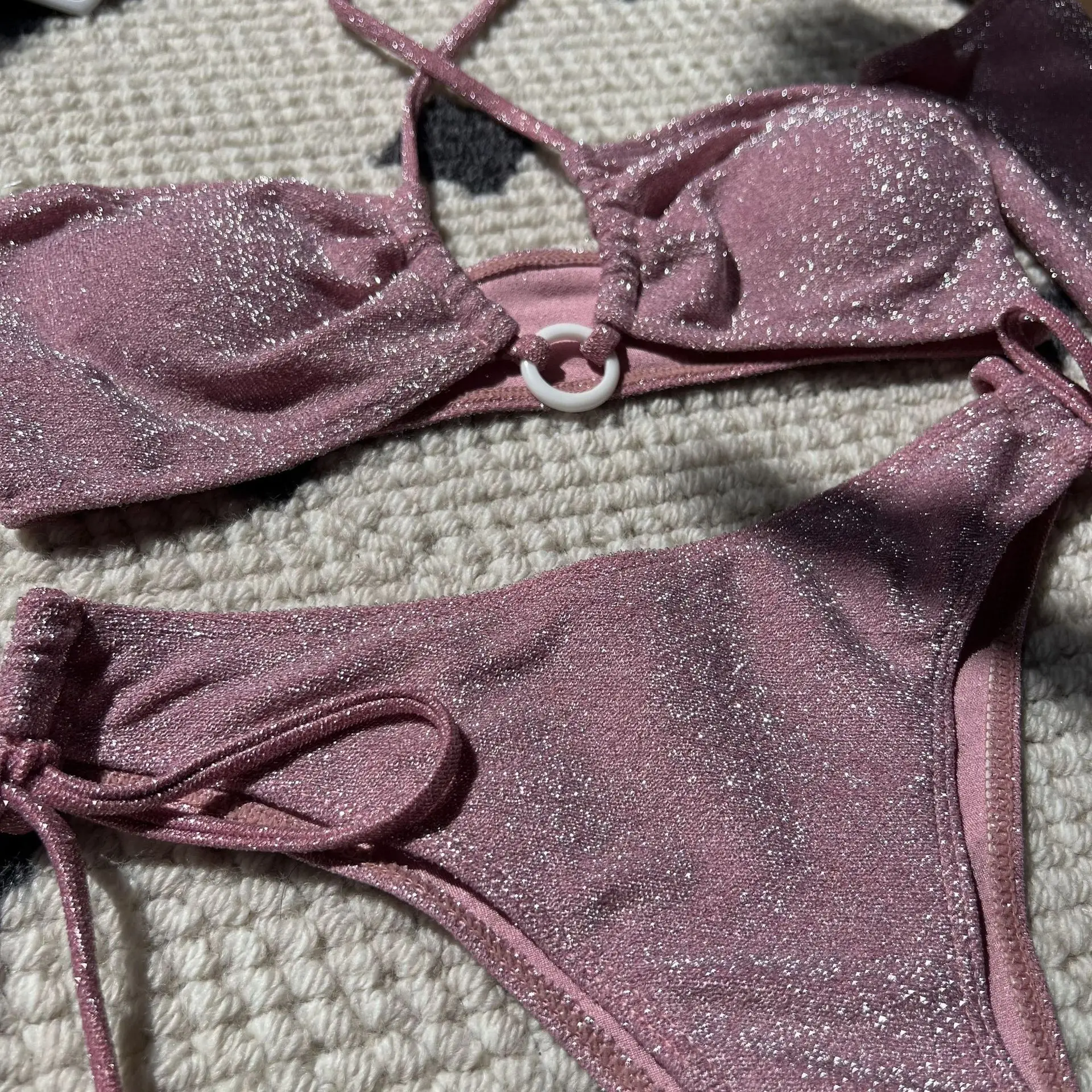Mulheres glitter cordão anel conjuntos de biquíni 4 pçs com dois manga longa maiô praia outfits biquini tankini