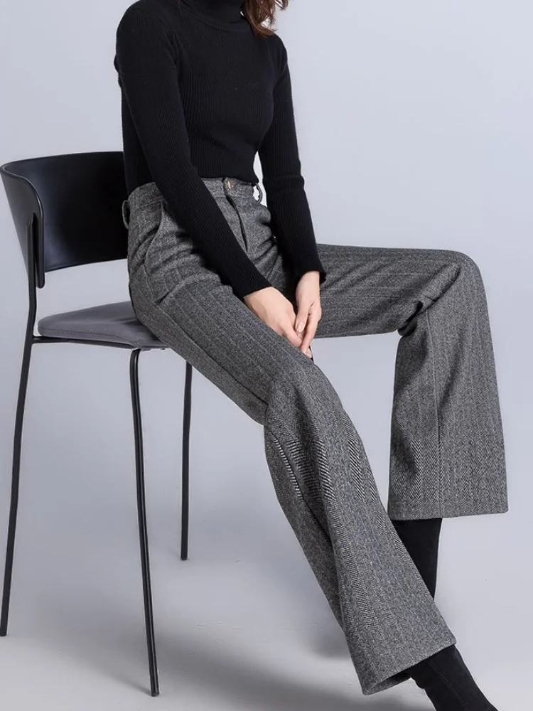 Woman Trousers Autumn Winter Baggy High Waist Loose Tweed Pants for Women Straight Leg Casual Chic and Elegant Xxl Slacks Nylon
