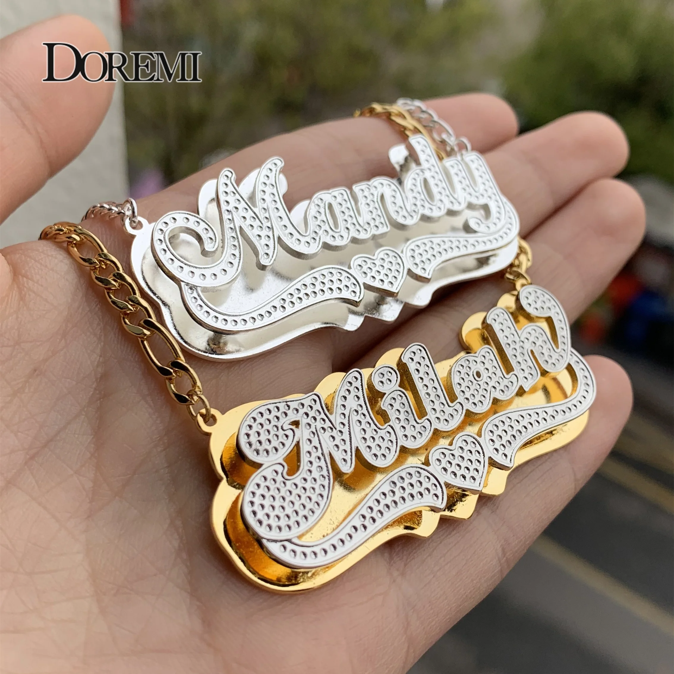 DOREMI 3D hip-hop Style Custom Name Necklace Figaro Layered Double color Personalized Nameplate Necklace Jewelry For Women Gift