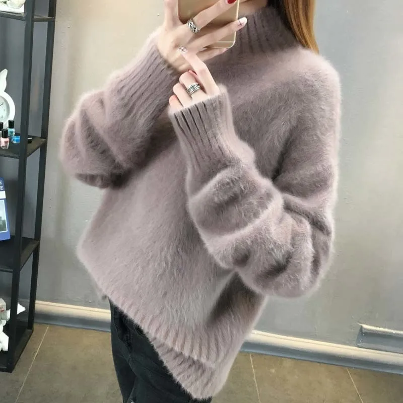 Suéter de cachemira de visón de imitación para mujer, Tops de cuello alto, Jersey suelto, ropa de calle, otoño e invierno, 2023