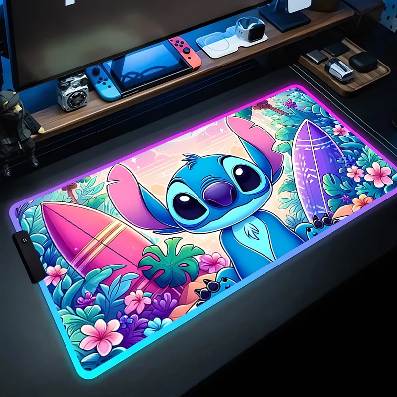 Разноцветный коврик для мыши в стиле аниме RGB Stitch мышка с подсветкой Pad PC Kawaii, размер XXL, игровой коврик для клавиатуры шкафа, игровой Расширенный Настольный коврик для ноутбука