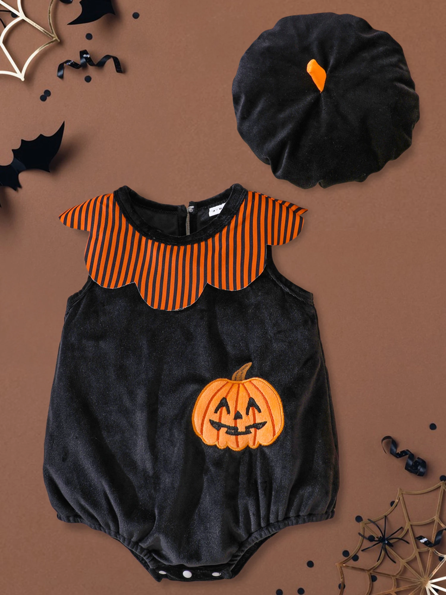 ชุดแฟนซีฮาโลวีนน่ารักสำหรับเด็กเล็ก ลายปักรูปฟักทอง แมงมุม ค้างคาว ลายดอกไม้ แขนกุด พร้อมหมวก ชุด 2 ชิ้น สำหรับเด็กผู้หญิง