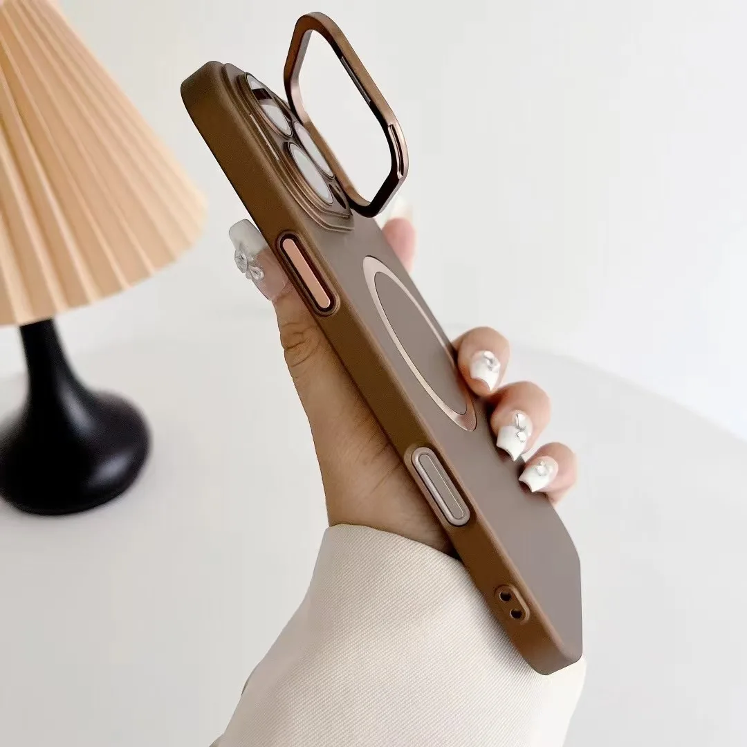 Business Slim Matte Magsafe Case for iPhone 16 14 15 Pro Max 16 Plus Fold Lens Stand Holder Wireless Charging Shockproof Cover