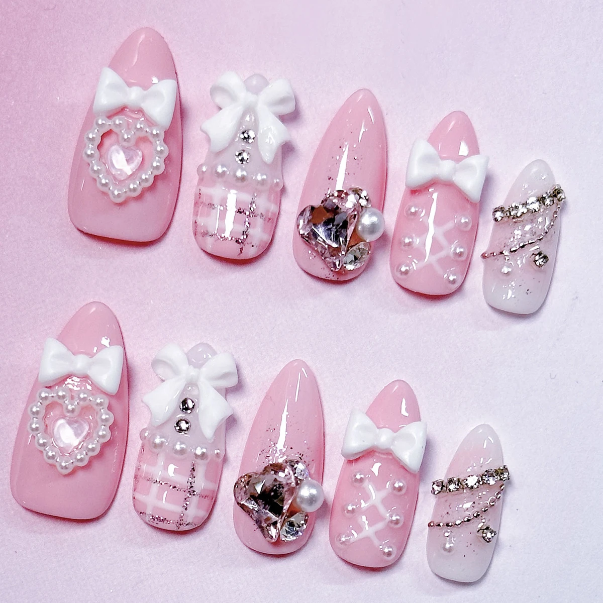 10pcs handmade press on nails Medium almond shaped nails, White bow pearl heart decorated fake nails, ballet style fake nails