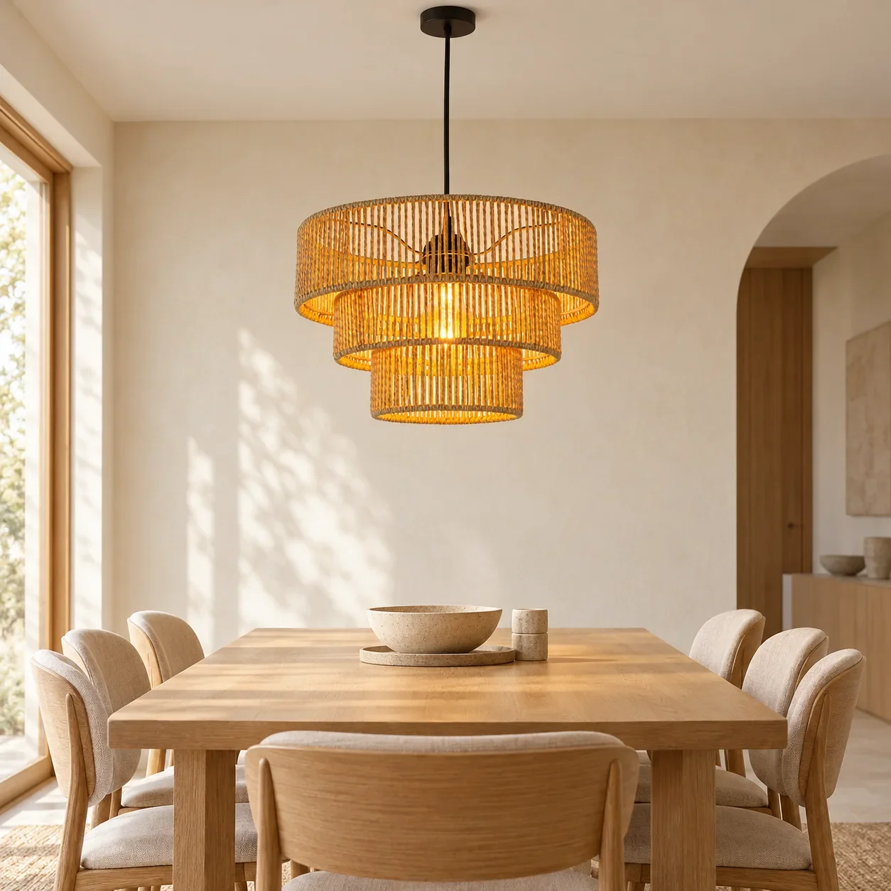 32CM Handwoven Rattan Wicker Chandeliers 3 Tiers Layered Shade Ceiling Hanging Light for Dining Room Bedroom Living Room E27