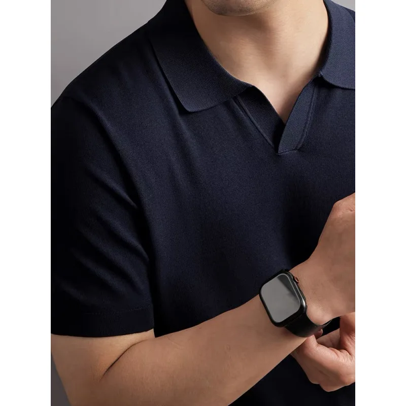 High-End Knitted Short-Sleeve Men's Italian-Style Seagull Commuter Polo Shirt Business Gentleman Turn-Down Collar Cool Solid