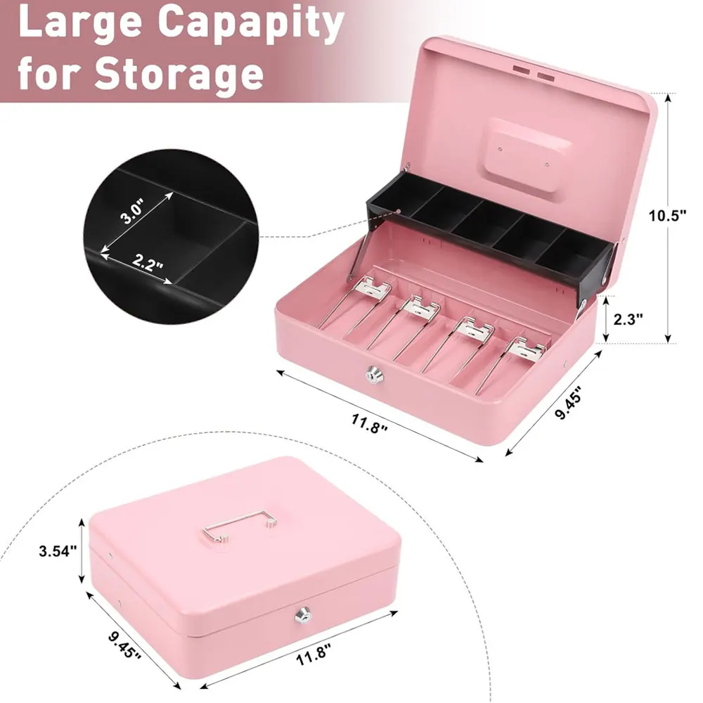Large Capacity Heavy-Duty Metal Cash Box (1 Piece) with 4 Banknote Slots and 5 Coin Slots, Tiered Cash Box, Durable Key Safe.