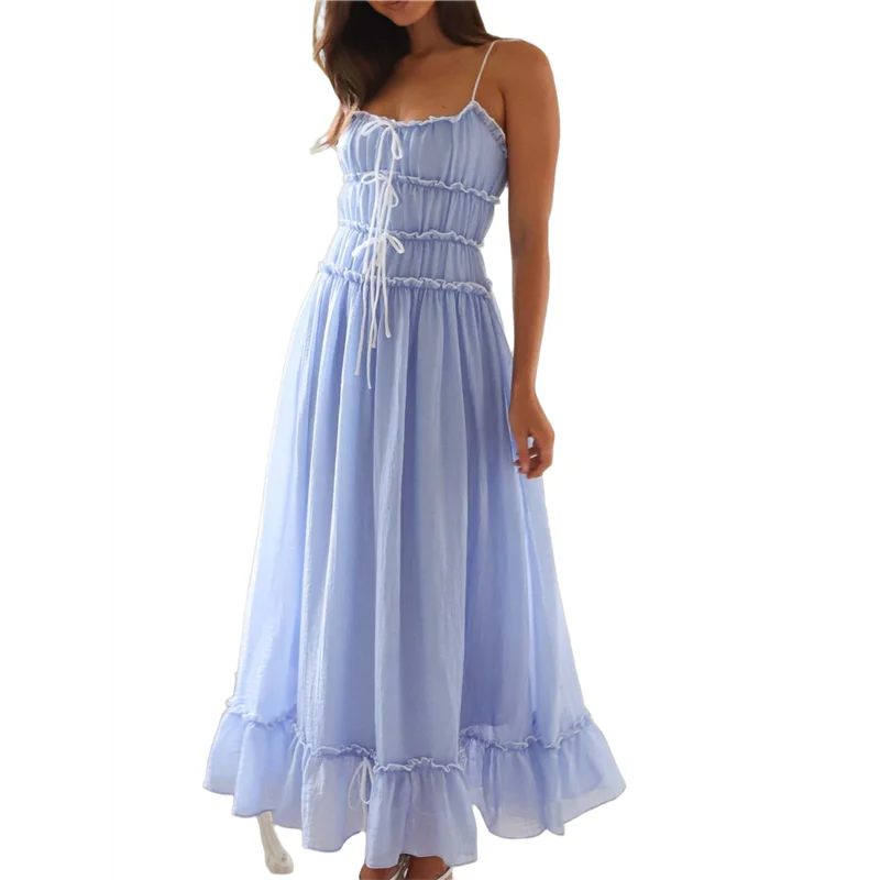 ใหม่-สตรี 2025 ฤดูร้อนชุดลําลองสปาเก็ตตี้ RIC Rac Trim Smocked Ruffle Beach Long Maxi ชุด