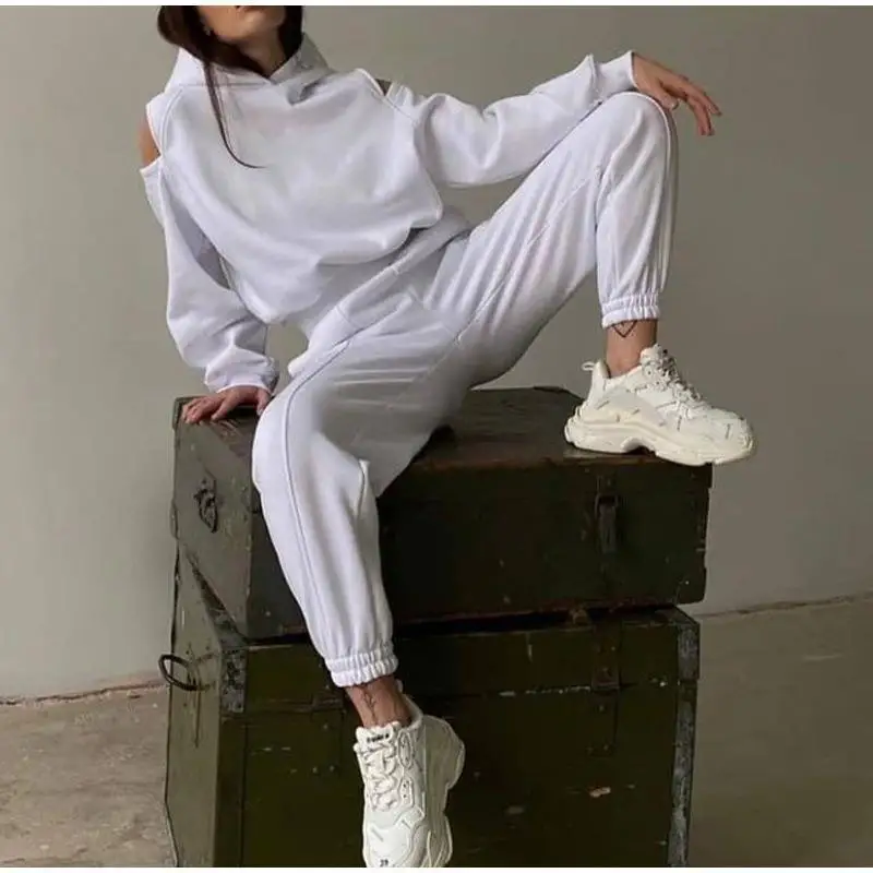 

2025 Autumn New Fashion Sports Women's Set Casual Solid Color Off-shoulder Long Sleeve Hoodie Two Piece Ankle Length Pants Set