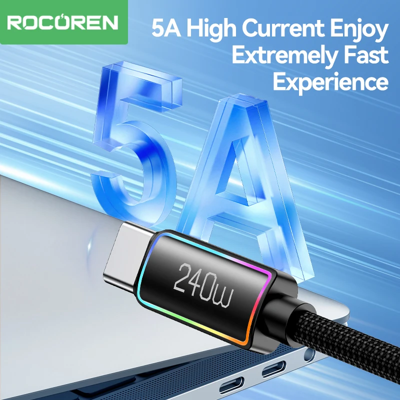 Rocoren 240W 5A High Power Fast Charging Type C Cable 100W PD 3.1 USB C Quick Charging Date Cord For iPhone Samsung Laptop iPad