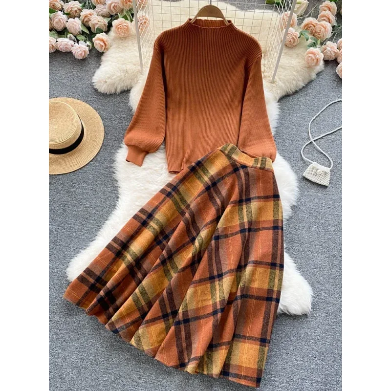 Retro Casual Sweater 2 Piece Set Women Lantern Sleeve Sheath Knitt Top+Elastic Loose Long Skirt Female Autumn Elegant SuitsWomen image 2