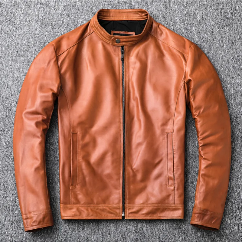 Chaqueta de piel auténtica para Hombre, abrigo Vintage de piel de oveja Natural, informal, naranja, primavera y otoño, 100%