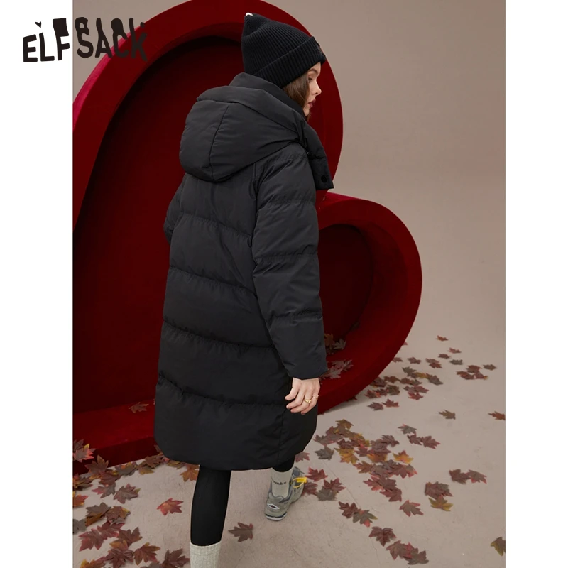 ELFSACK Black Warm Down Coats Women 2022 Winter Windproof Long Outwears