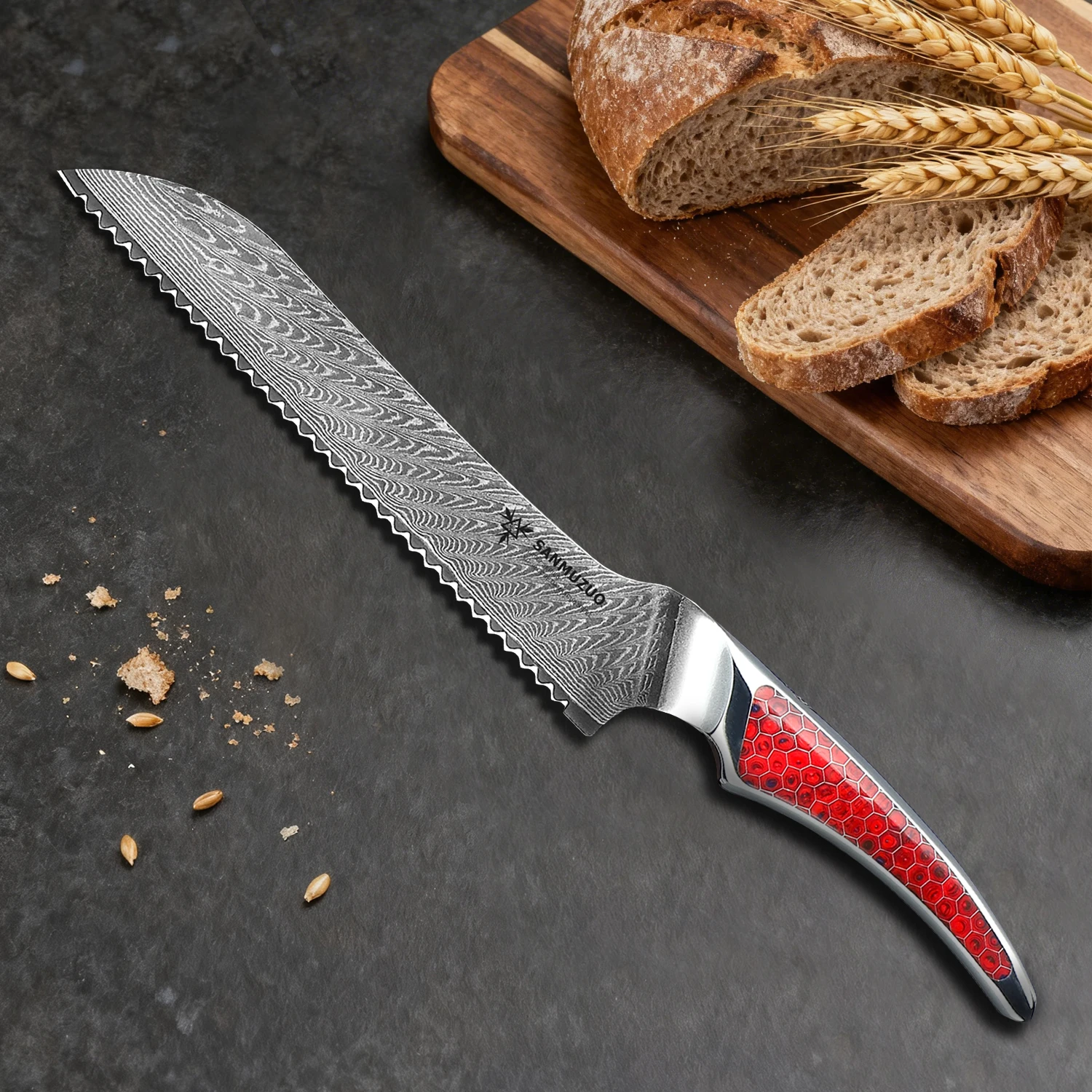 SANMUZUO 8 inch Serrated Bread Knife, Japanese VG-10 Damascus Steel Kitchen Knife, Resin Handle, LA-S9 Series
