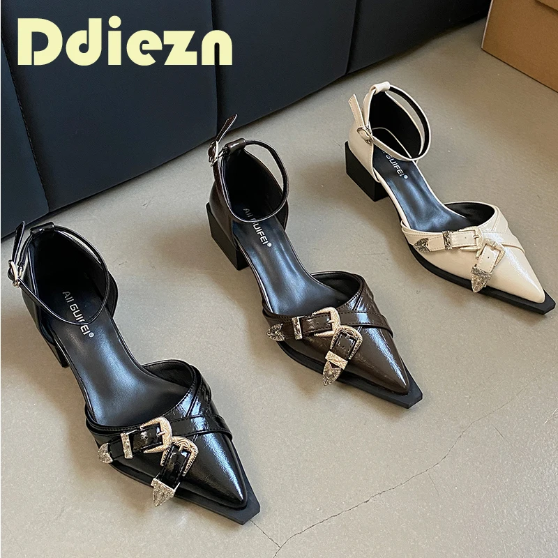 

Women High Heels Shoes Ladies Sandals 2024 Pointed Toe Shallow Footwear Thick-Heeled Female Ankle Strap Shoes Fashion Pumps