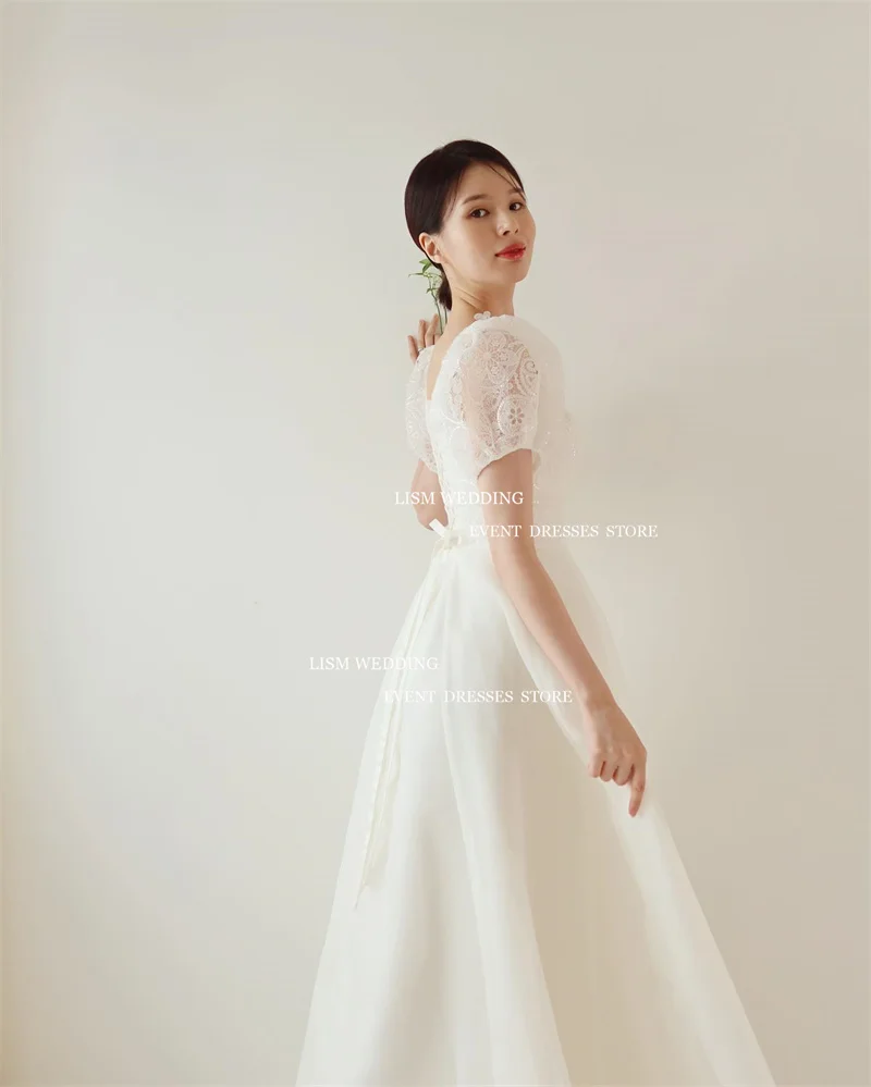 LISM elegante a-line corea abiti da sposa servizio fotografico pizzo colletto quadrato Tulle lunghezza del pavimento corsetto indietro abiti da sposa personalizzati