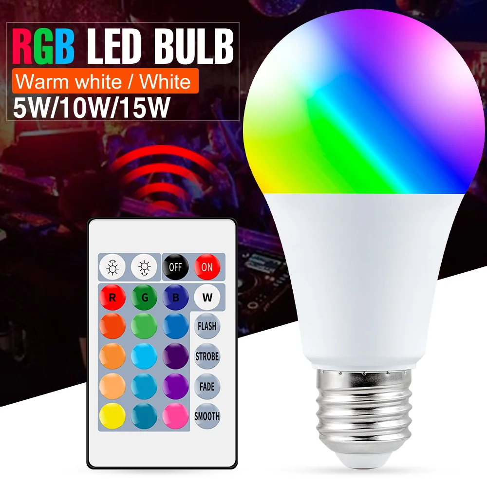 

LED RGB Bulb RGBW Lampara E27 IR Remote Control Smart Light 5W 10W 15W Colorful Bulbs RGBWW LED Holiday Decor Atmosphere Lamp