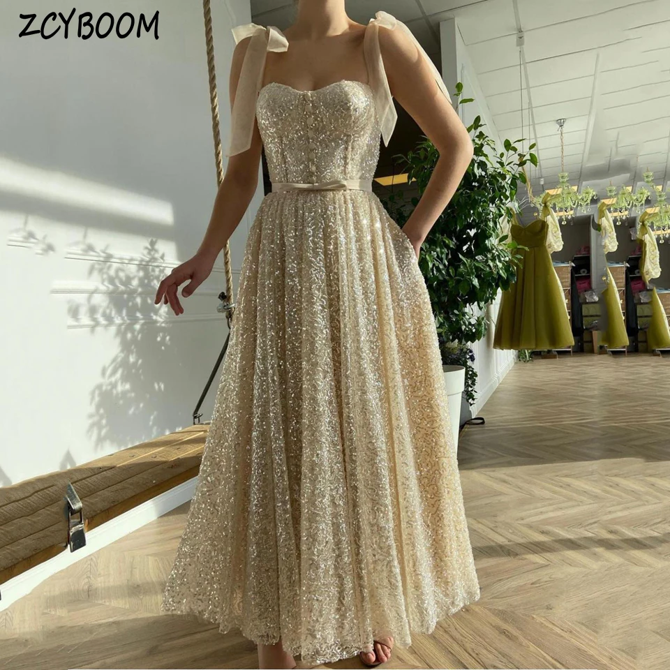 

Elegant Sweetheart Spaghetti Strap Sequin Sparkly Sleeveless Evening Dress 2025 A-Line Ankle-lengh Champagne Zipper Prom Dress