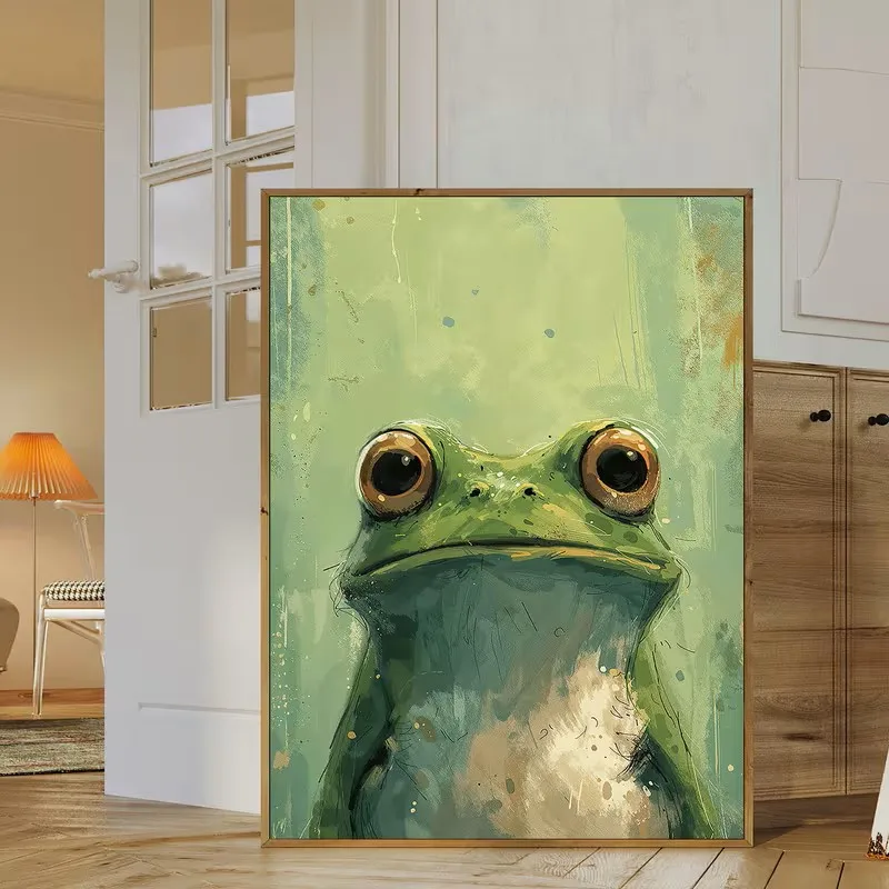 

Abstract green frog art canvas poster picture wall, retro modern mint green and olive frog wall art printed materials for interi