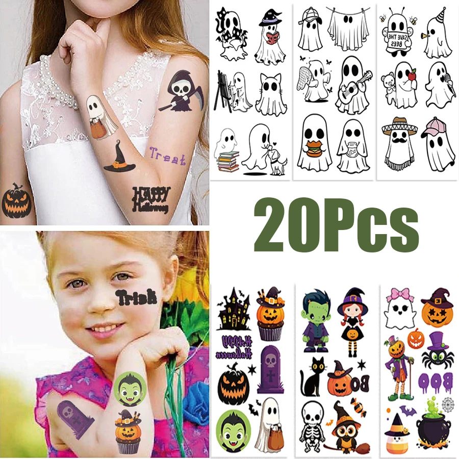 

20Pcs Halloween Fake Tattoo Stickers Pumpkin Ghosts Bat Temporary Tattoo Children's Gift Waterproof Halloween Party Gift