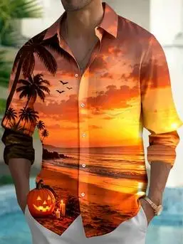 2026 Men's Shirt Sunset Beach Coconut Tree Pumpkin Print Long Sleeve Lapel Button Up Vacation Halloween Casual Mens Clothing