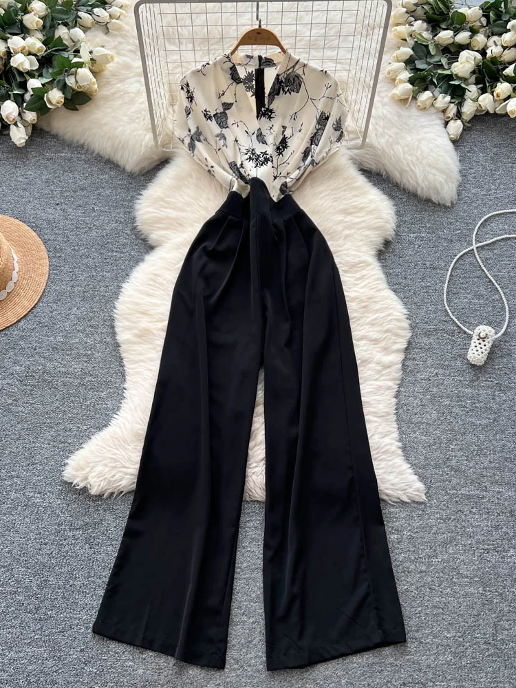 

Summer Women's Printed Patchwork V-neck Short Sleeved Jumpsuit New Fashionable Elegant Office Lady Wide Leg Pants C312