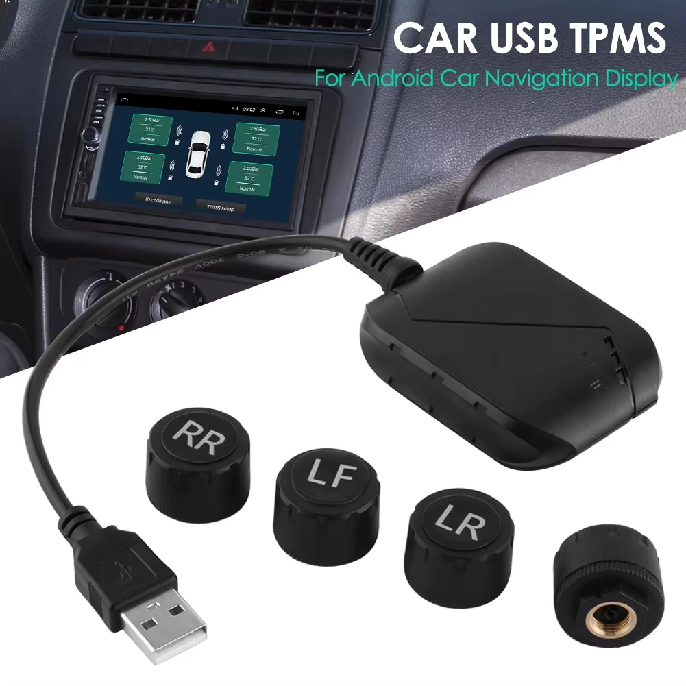 Système d'alarme de pression des pneus de voiture Android USB à 4 roues TPMS, transmission sans fil, système d'alarme de sécurité automobile avec alerte de température