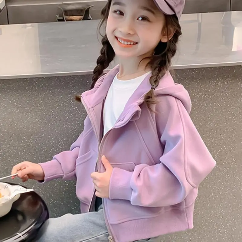 Girls Hooded Jacket with Bow Decor Kids Casual Zip Up Windbreaker Loose Elastic Hem Outerwear for Little Girls Autumn Daily Wear