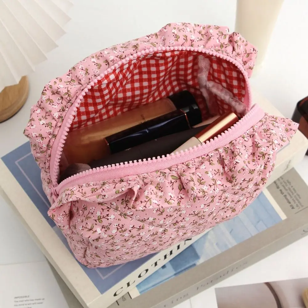 Portable Bow Quilted Cosmetic Bag Makeup Organizer Large Capacity Travel Toiletry Bag Lightweight Zipper Ruffles Storage Bag