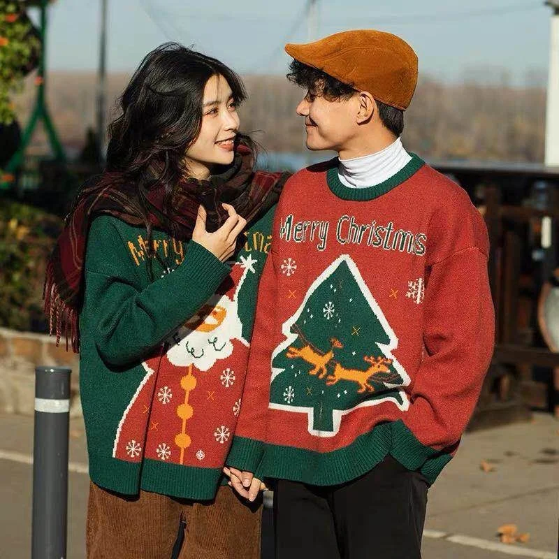 New BFF Retro Couple Christmas Sweater Women Bosom Friend Contrast Christmas Tree Thickened Antique Pullover Top sueter navidad