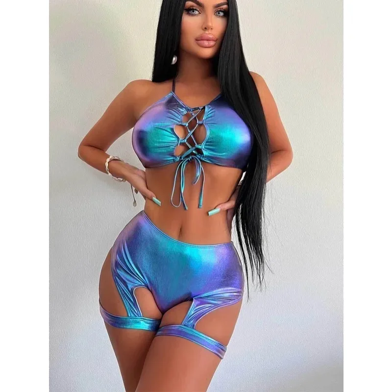 Metallic Two Piece Set Pole Dance Clothes Women Bra Shorts Nightclub Performance Wear Sexy Lingerie Festival Party Wear New