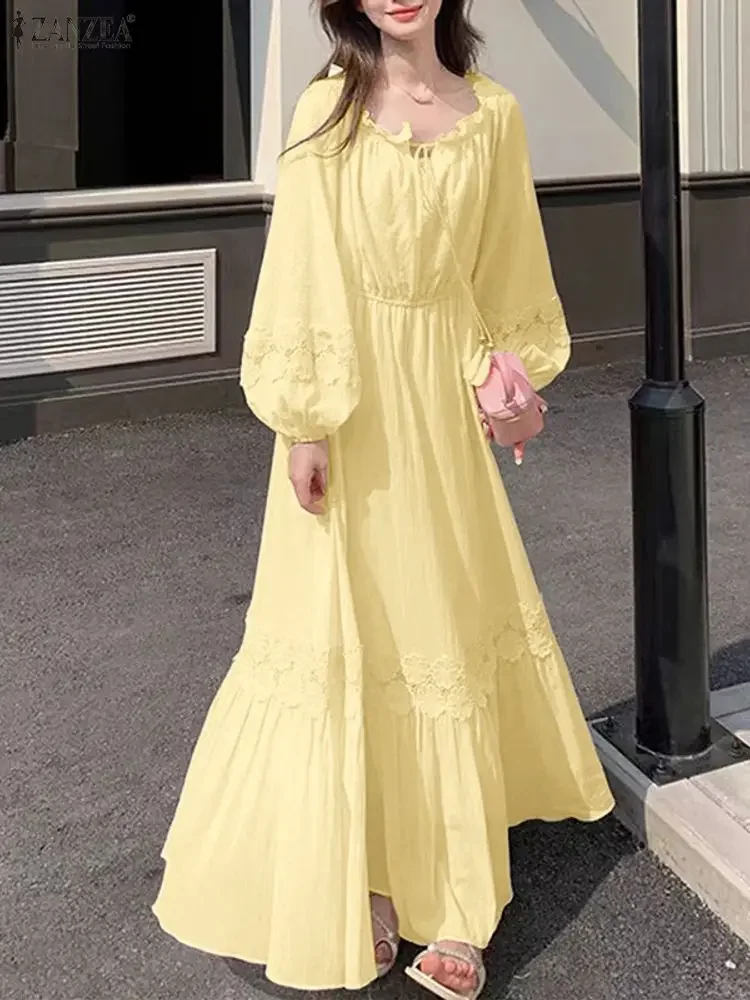 ZANZEA Moda Donna Maxi Abiti 2025 Autunno Party Robe Manica lunga a lanterna Solido pizzo increspato Camicia lunga Abiti da vacanza