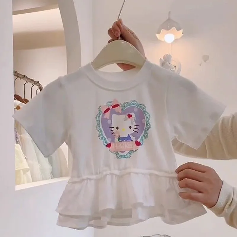 

Summer Sweet Hello Kitty Anime Kawaii Sanrio Short Sleeved Shirts Cute Fashionable Baby Princess Tops Hoodie Clothes Gifts