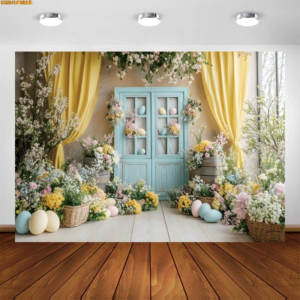 

Spring Easter Backdrop Photography Flowers Wood Door Yellow Curtain Bunny Eggs Baby Shower Kids Easter Day Photocall Background