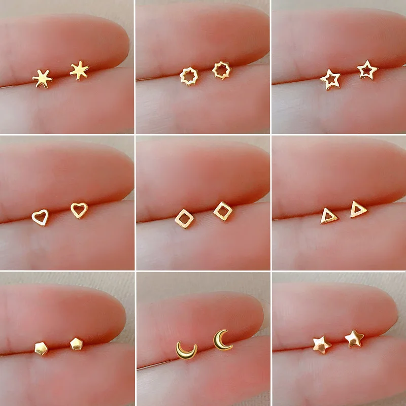 Minimalism Silver Plated Copper Stud Earrings Cute Little Heart Star  Earrings for Schoolgirls Women Hollow Pierced Ear Jewelry