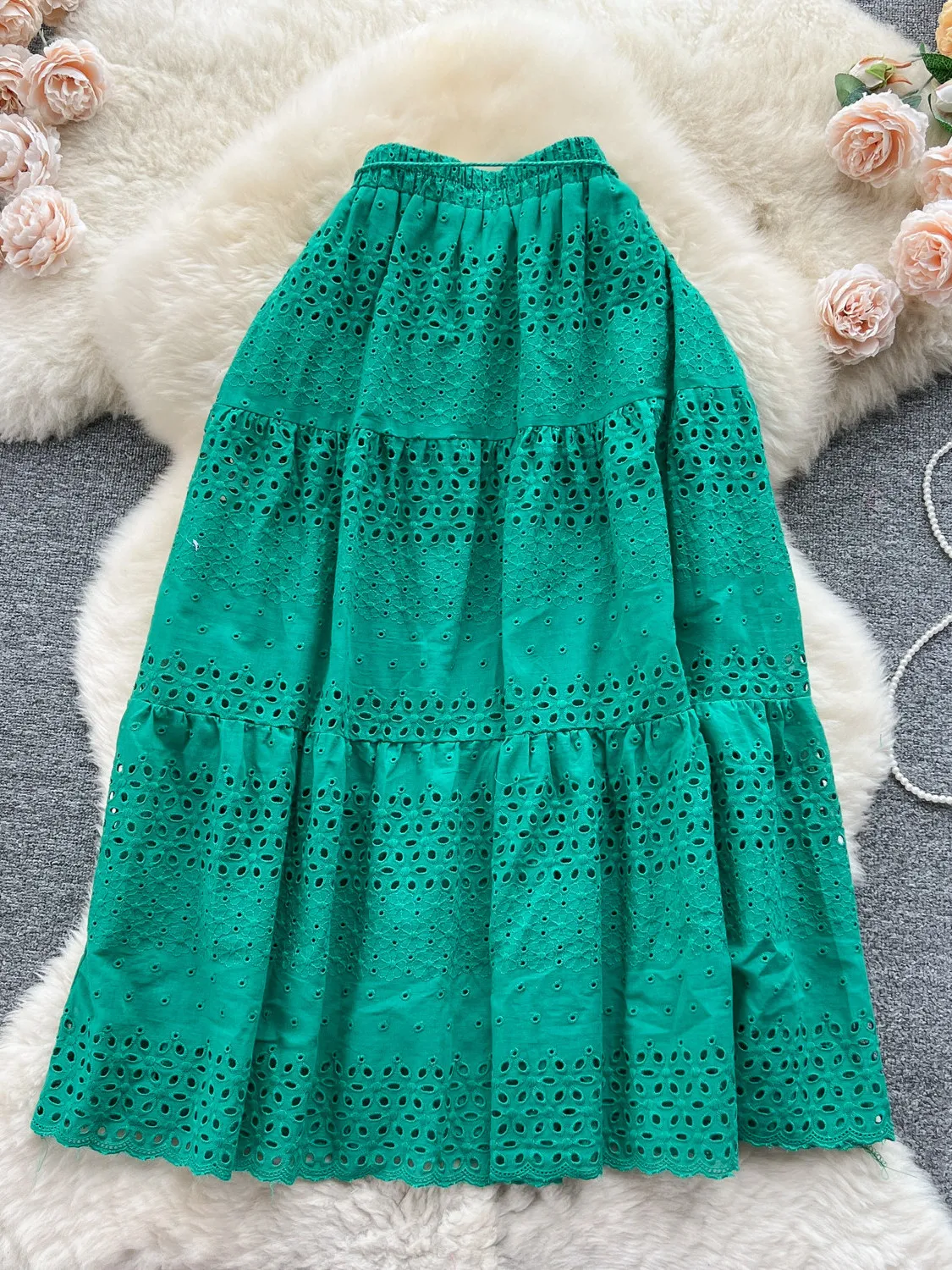 Elegant Hollow out Lace Embroidery Hook Flower Half Skirt Women's High Waist Slimming Sweet Versatile Holiday Style Fairy Skirt
