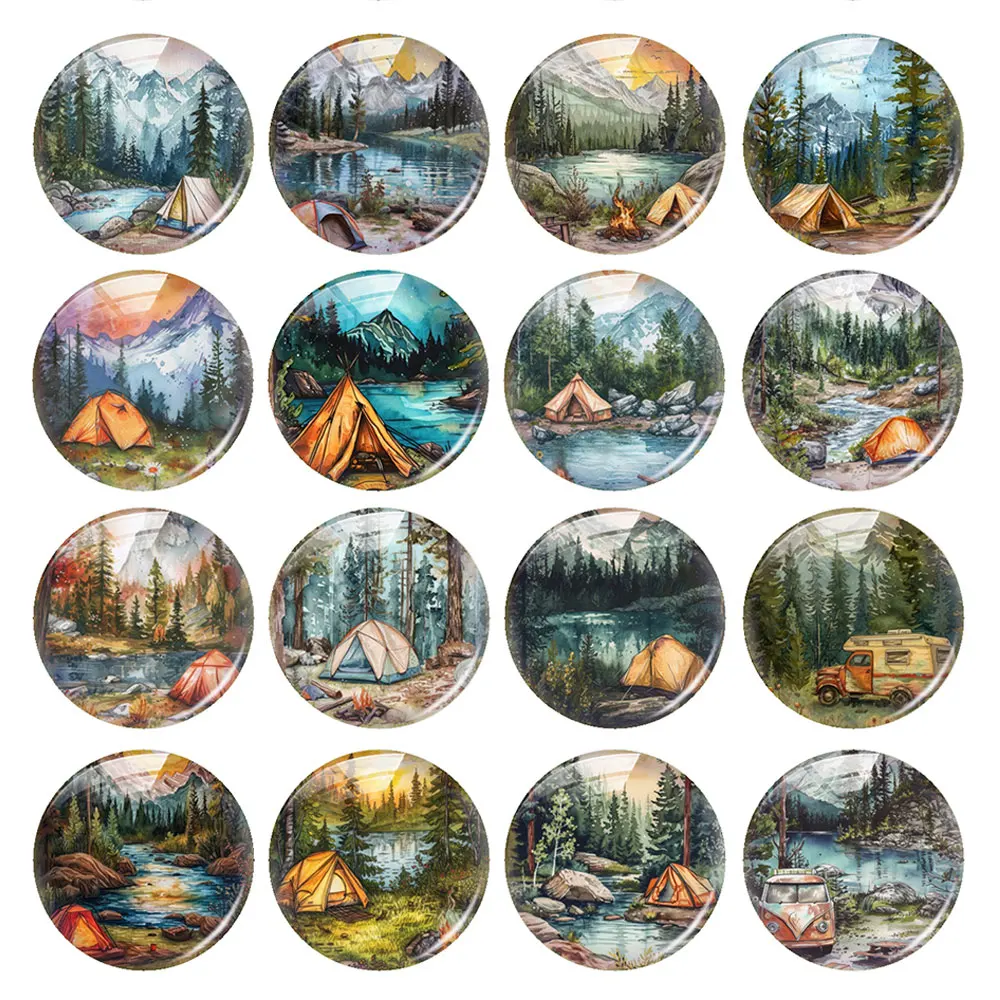 Random Mixed Round/Oval/Square Camping Mountain Forest River Photo Glass Cabochon Flatback Demo Cameo For Diy Jewelry Making