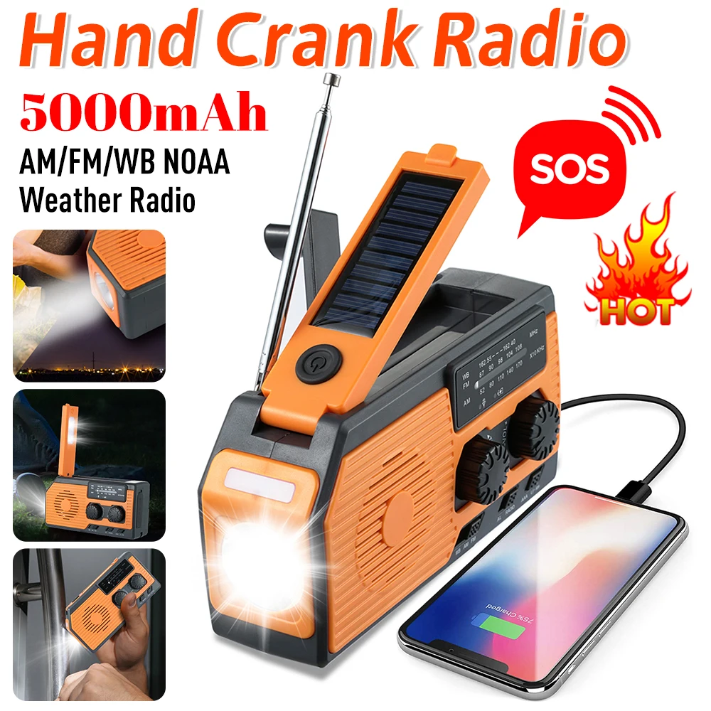 5000mAh multi-fonctionnel Radio manivelle solaire USB charge FM AM WB NOAA météo Radio d'urgence lampe de poche LED batterie externe