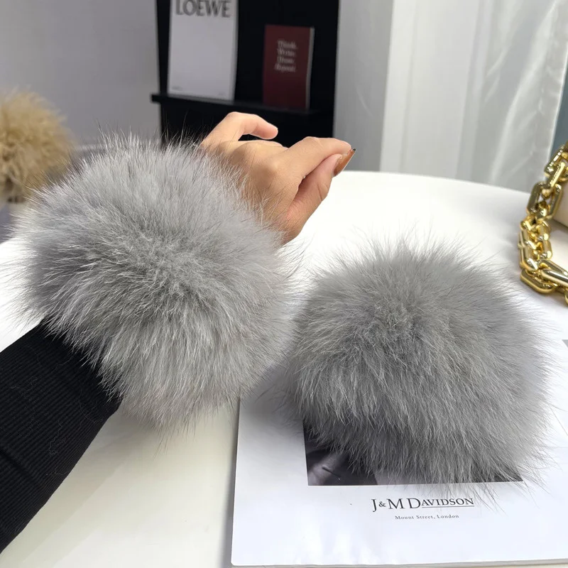 Real Fox Fur Cuffs Women Winter Natural Fur Sleeves For Women Coat Warm Furry Fur Wrist Luxury Sleeves Women Arm Warmers Ladies