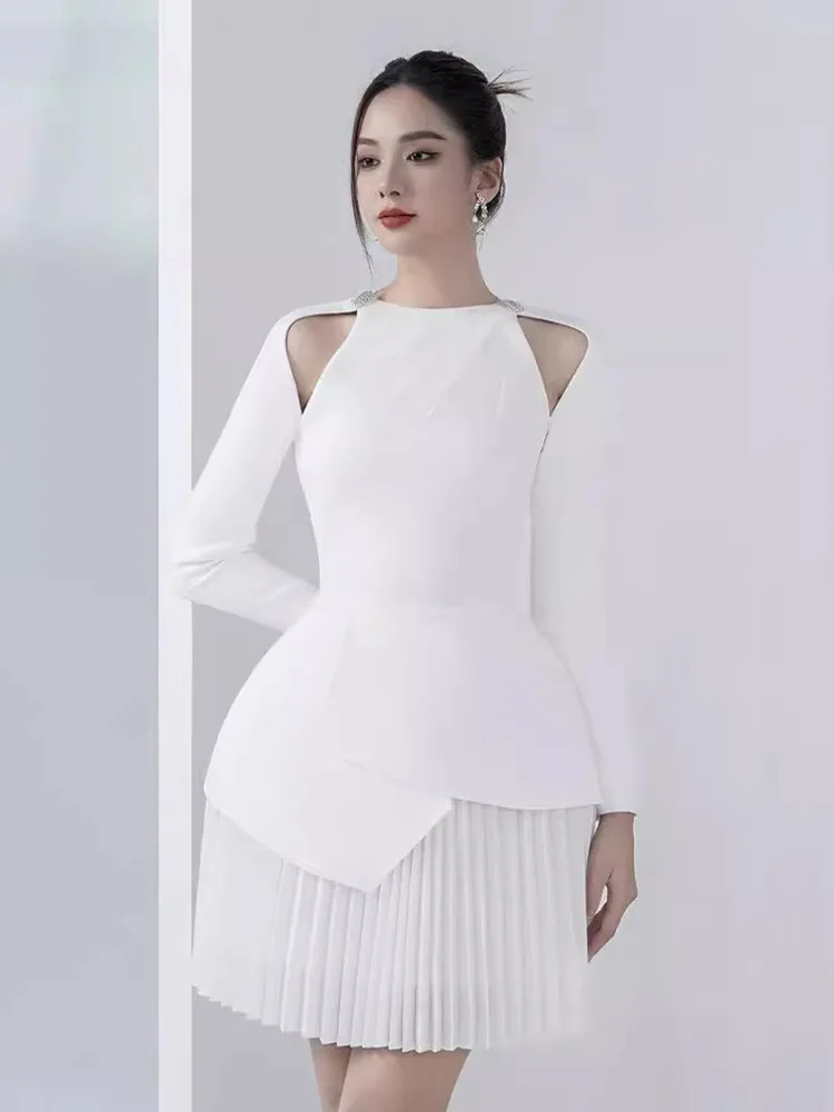 DEAT New Models Hollow Out Pleated Backless Dress For Women Solid Color Long Sleeve Irregular Dresses Female 2024 Summer 15C210