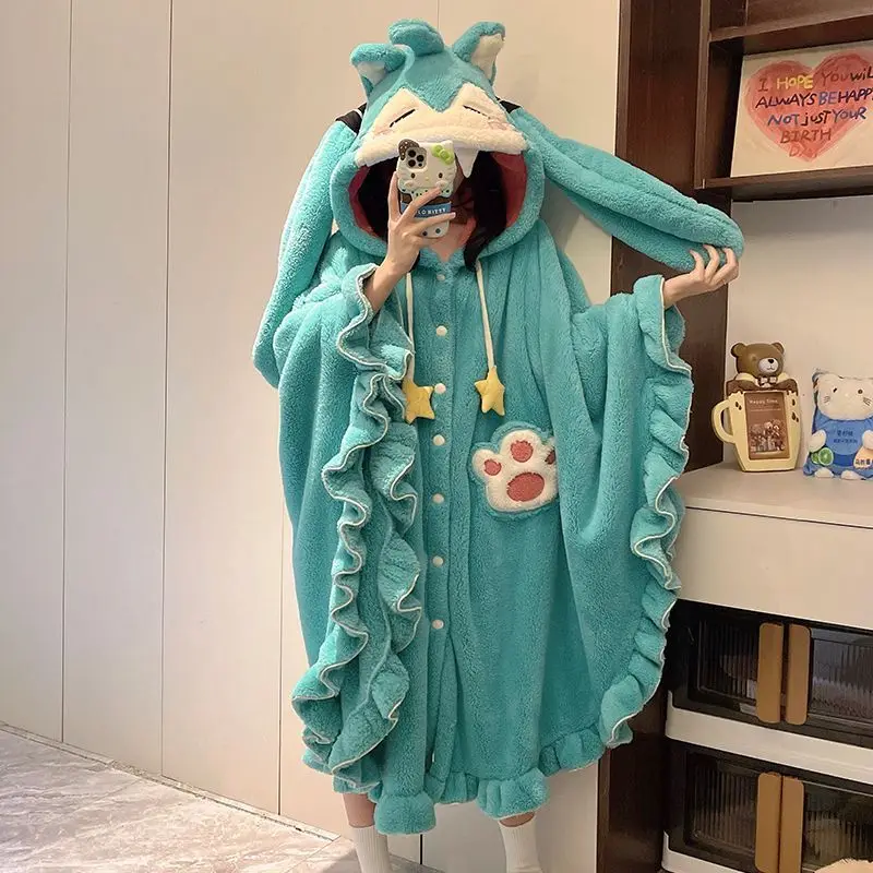 Hatsune Miku Kawaii winter new girl plus velvet thickened nightgown female coral velvet bat sleeve cartoon home clothes cloak