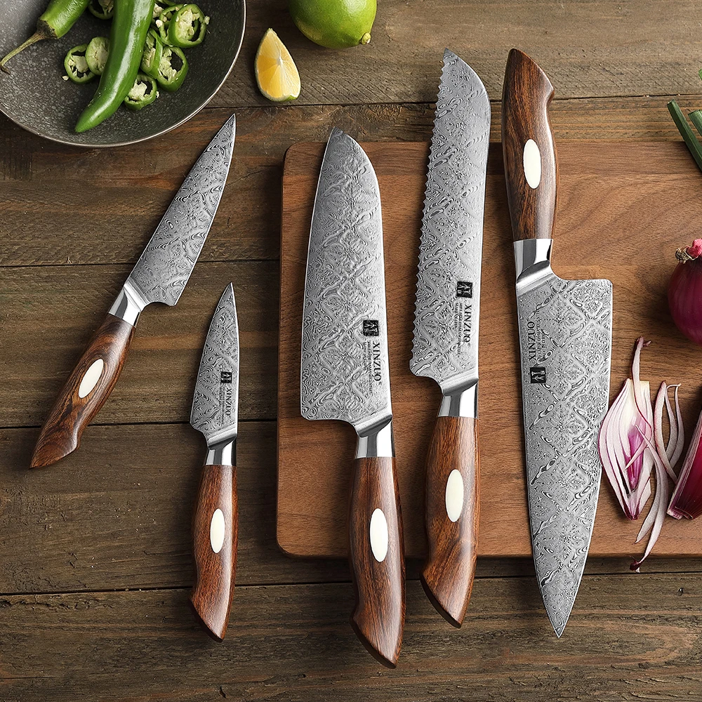 XINZUO Five Pieces Set Kitchen Knife Set Professional High End Damascus Stainless Steel Exquisite Handmade Box Packaging.