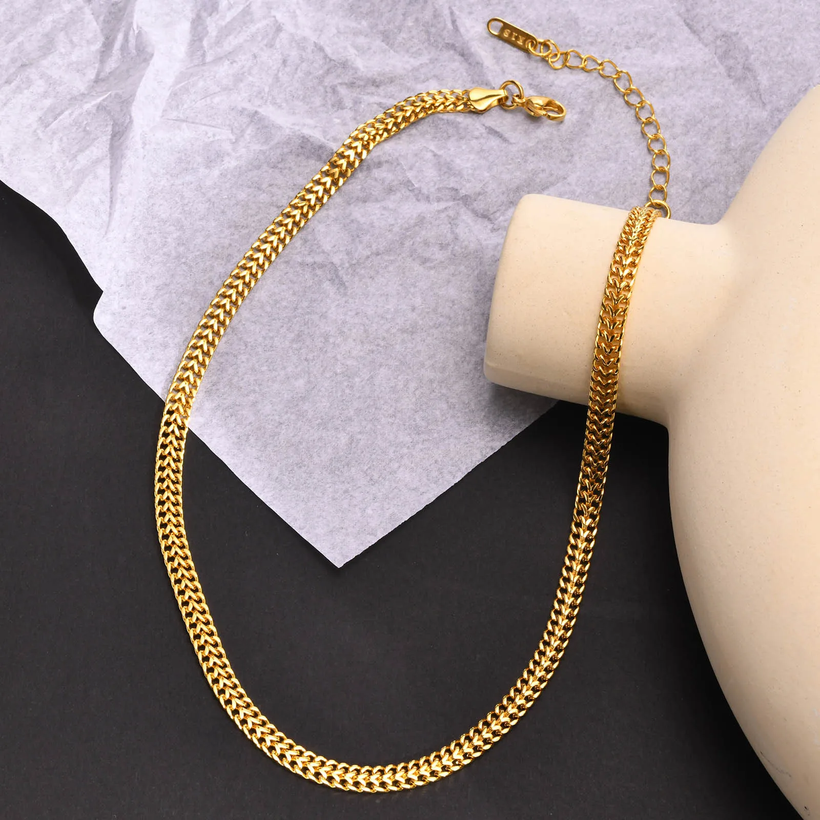 Stainless Steel Double Row Curb Cuban Choker Chain Necklace for Women Twin Link Gold Plated  Stylish Jewelry