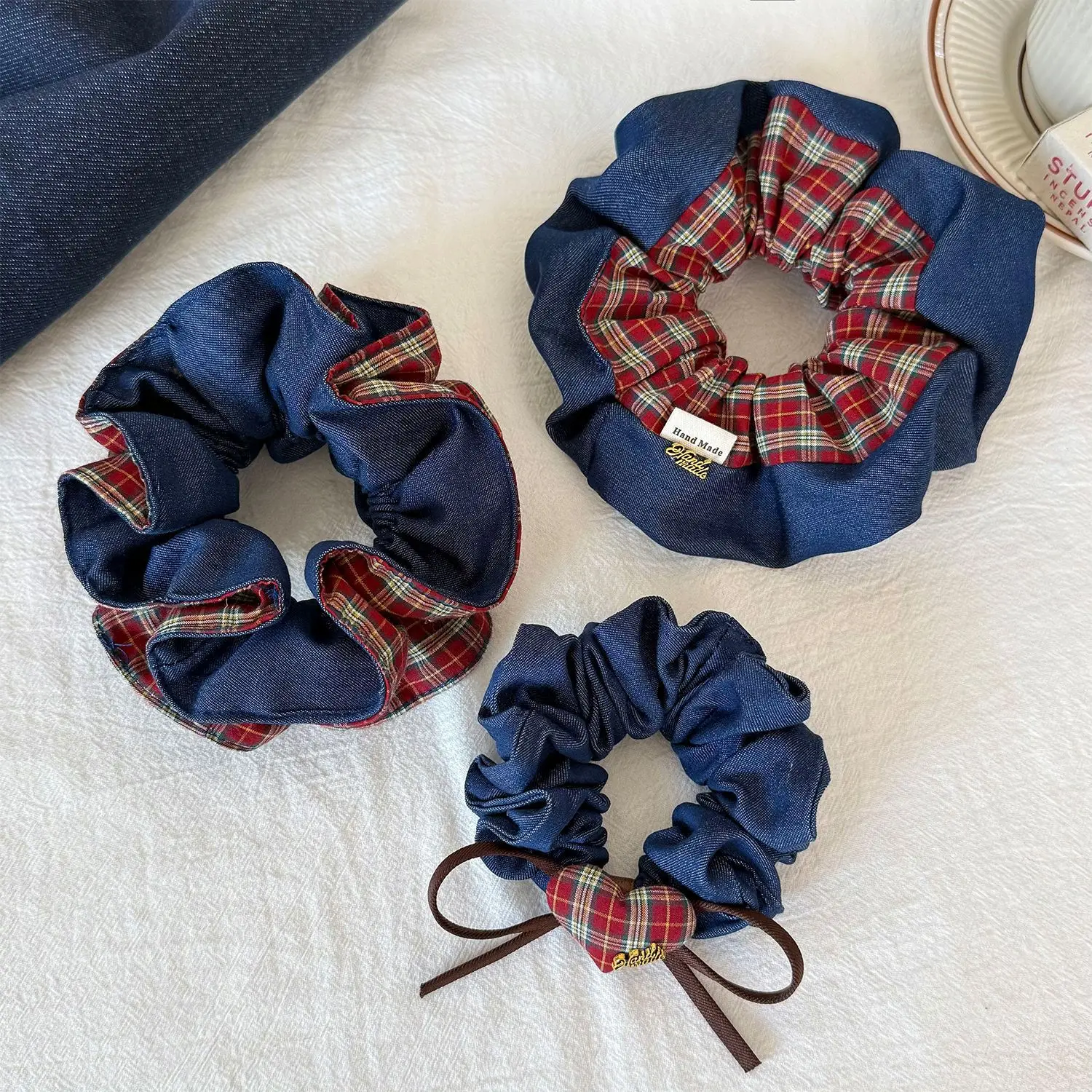 12PCS/LOT Retro Denim Blue Hair Scrunchies for Women Korean Style Elegant Ponytail Hair Band High Elasticity Plaids Hair Ties