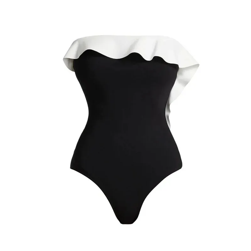 Women's Ruffled One-piece Swimsuit New-Style Off-Shoulder Black White Maxi Dress Beach Vacation Style Summer Holiday Swimwear