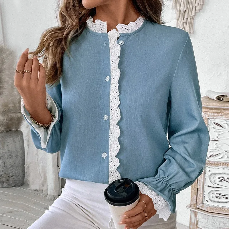 

Blue Elegant Women's Blouse Lace Collar Single Breasted Splicing Lace Lace Lantern Sleeves Loose Women's Spring Blouse New Item