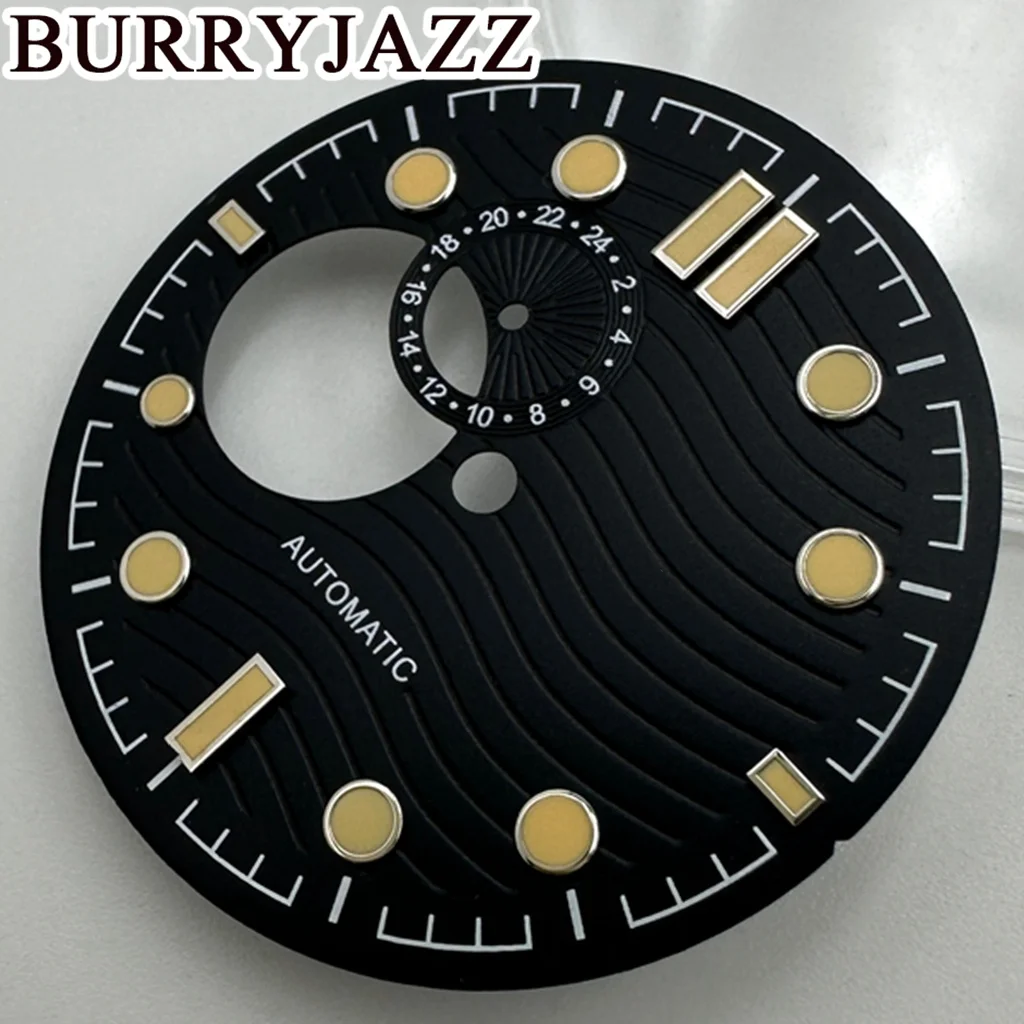 BURRYJAZZ 31mm No Logo NH39 Watch Dials Silver Black Blue Dial Green Luminous 3 O\'clock Case Crown