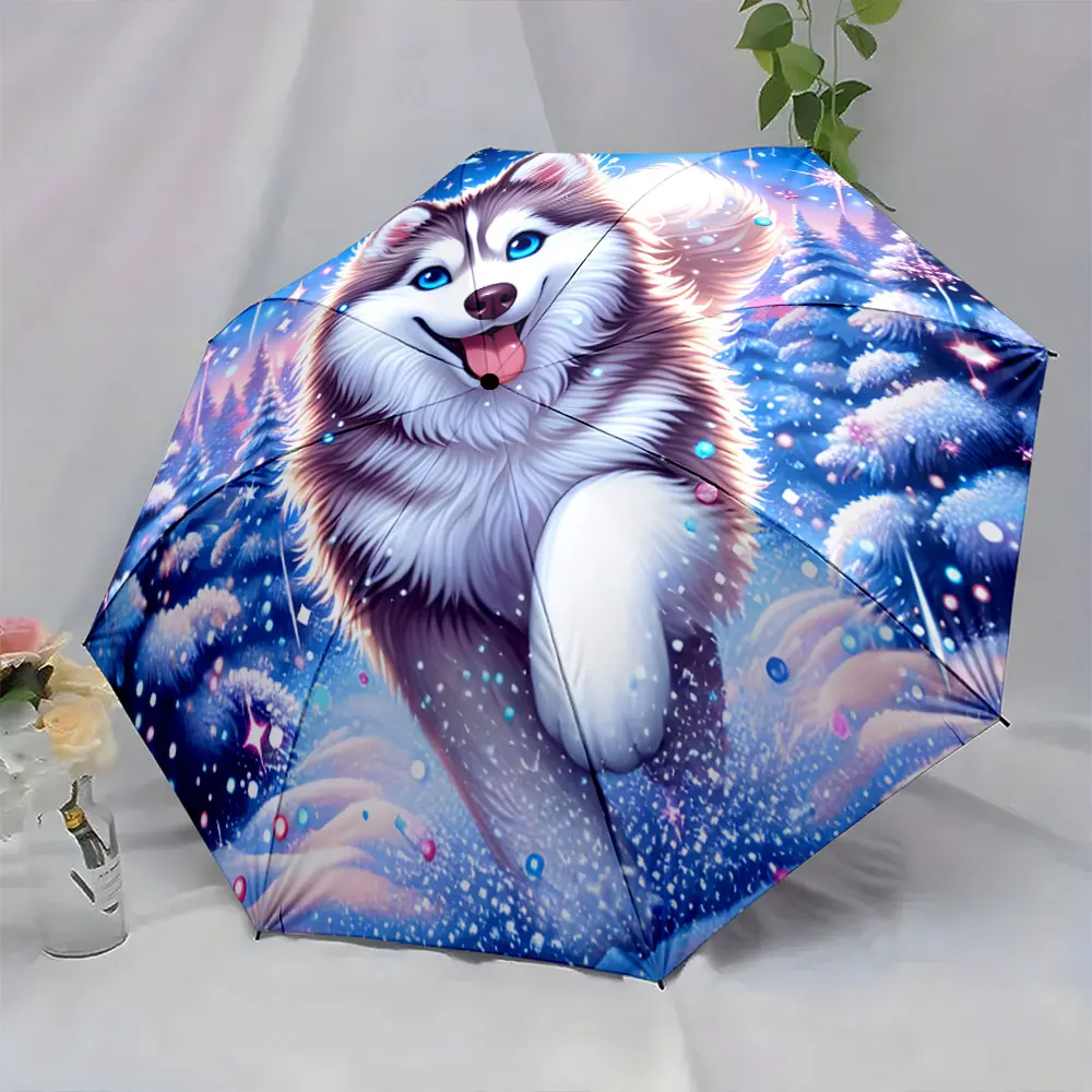 1PC Vibrant Umbrella with Husky and Snowy Forest Print Print 8 Iron Ribs Folding Umbrella Auto-Open Fashion Sunshade