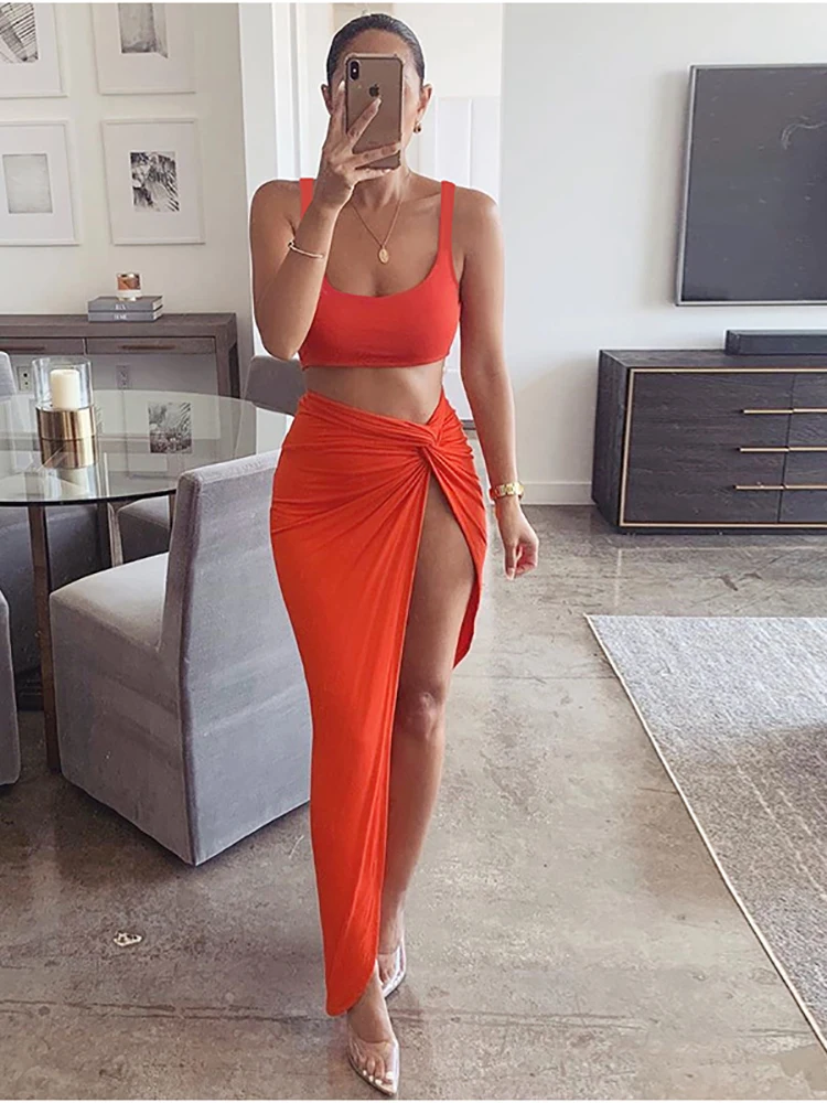 DFLlifes Sexy Two-Piece Outfits Women Party 2 Piece Set Clubwear Sleeveless Summer New Twist Side Split Long Skirts Matching Set