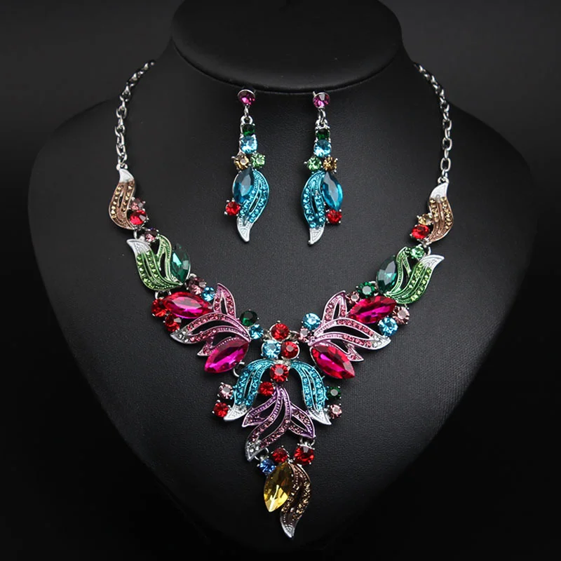 

Colored flower gemstone necklace, earrings set, formal dress, banquet, bride's accessory set